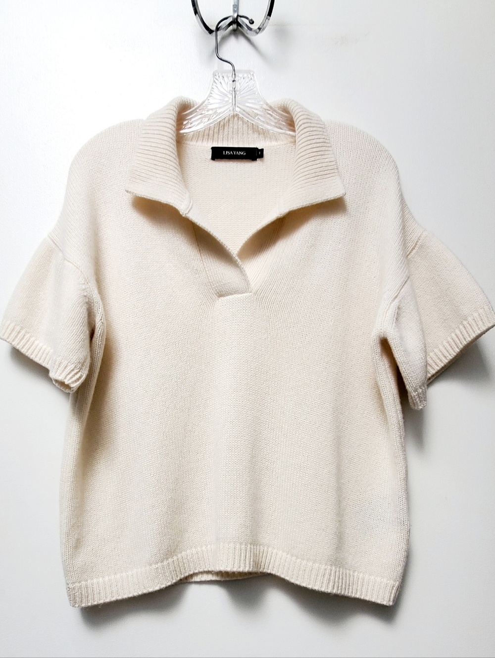 Lisa Yang Ivory 100% Cashmere Drop Shoulders Cropped Boxy Collared Sweater Sz S